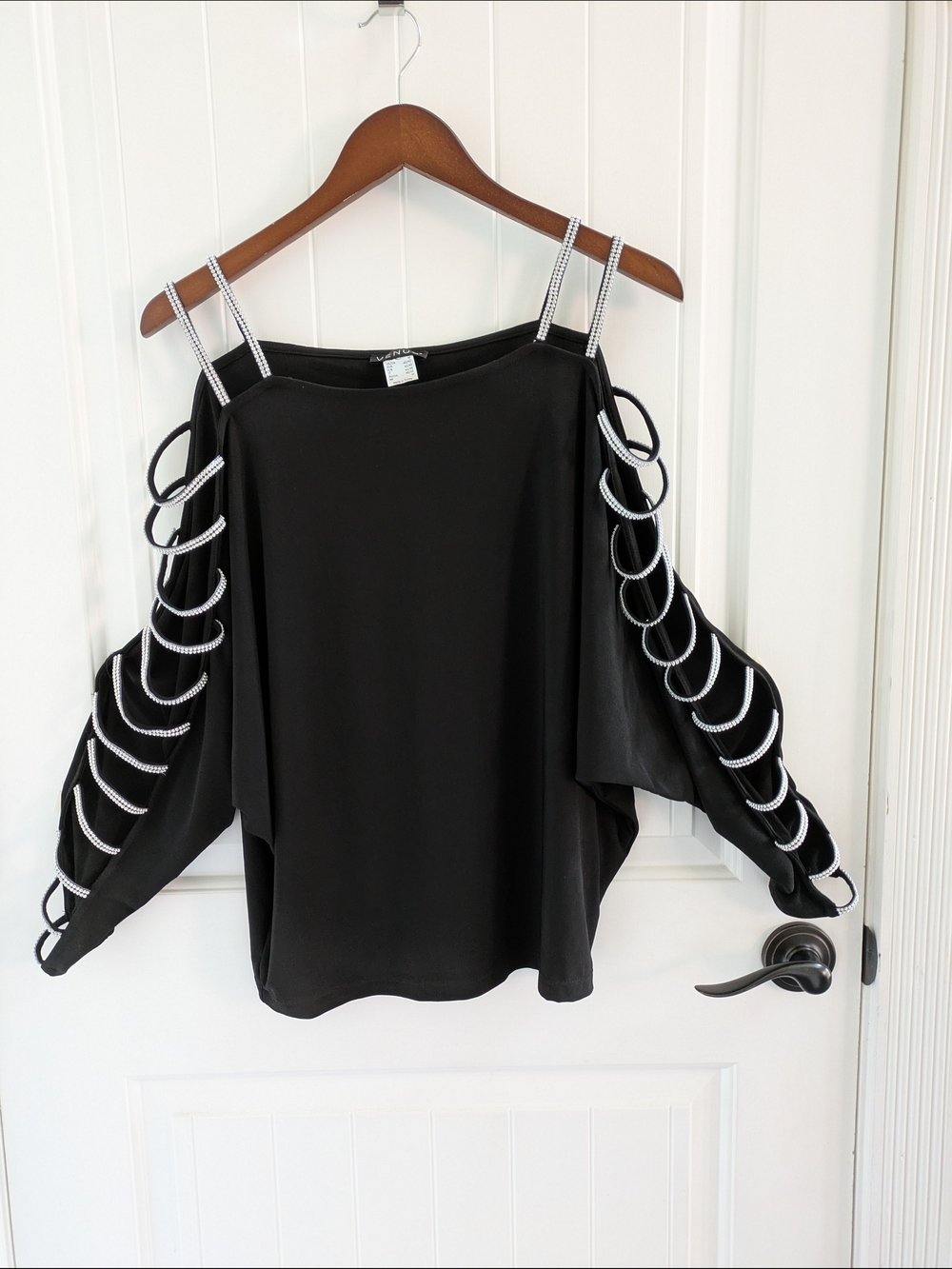 VENUS Cold-Shoulder Black Women's Top with Rhinestone Loop Sleeves